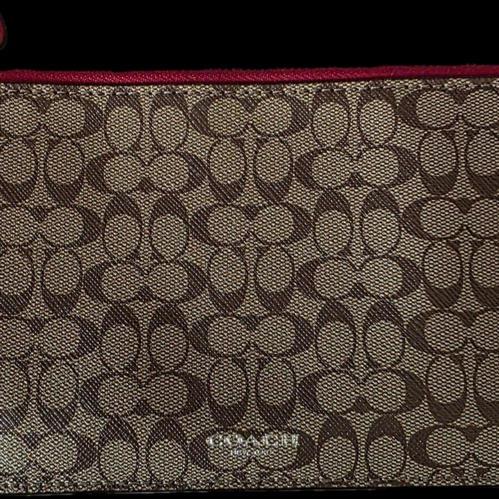 Coach Brown Monogram Wristlet with Red Trim